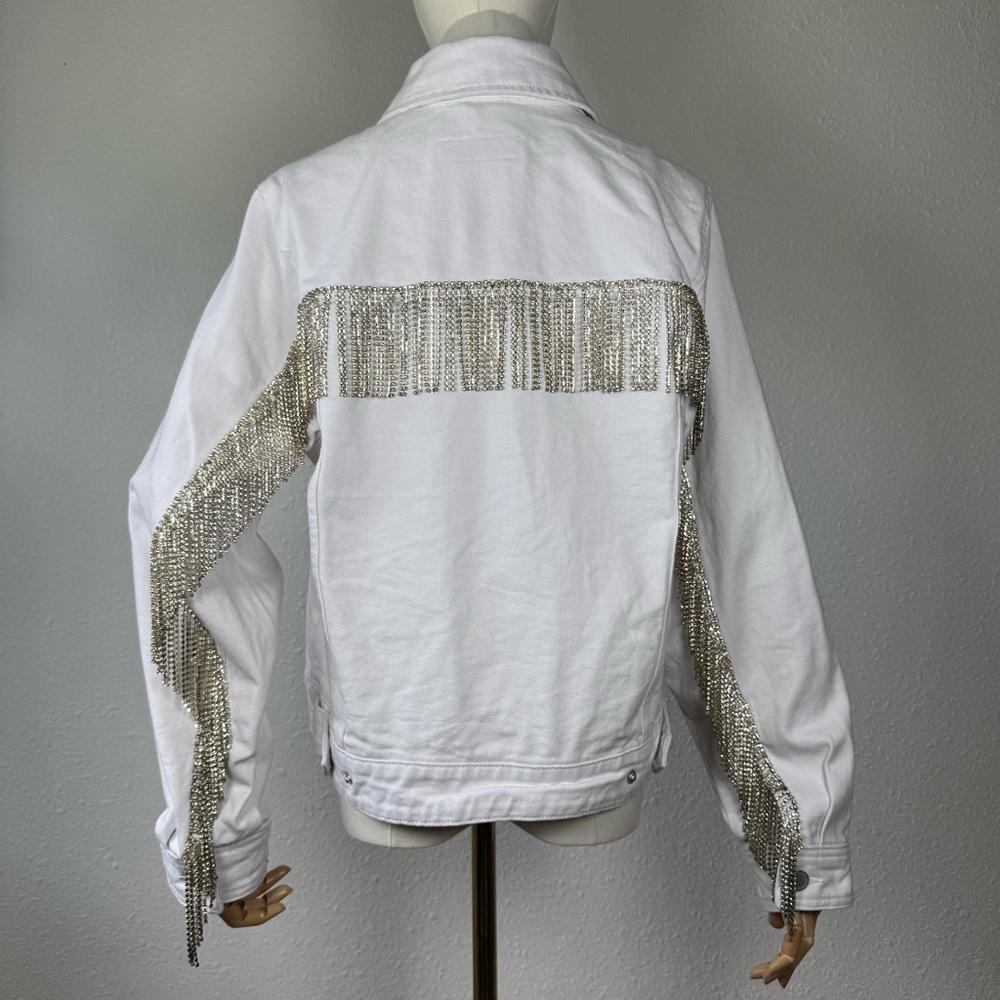 NWT BLANKNYC White Denim Rhinestone Fringe Jacket Disco Coastal Cowgirl Western